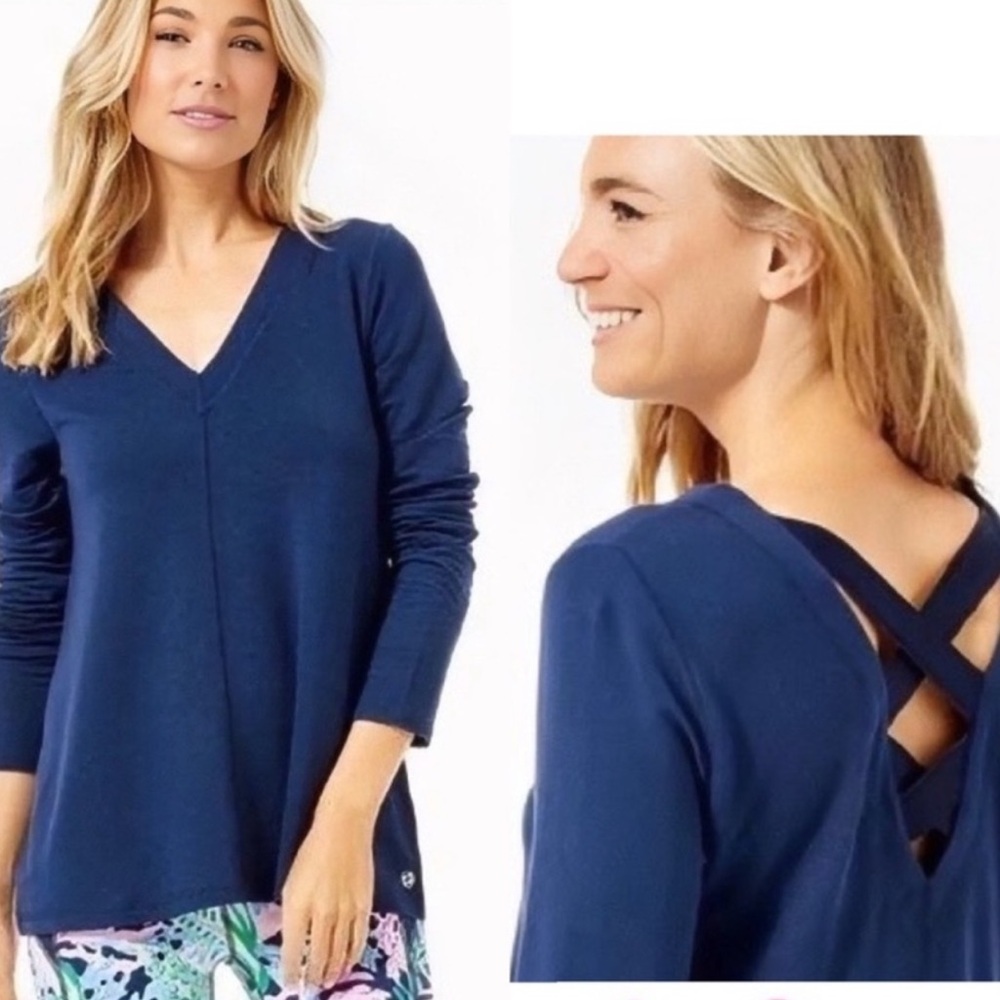 Lilly Pulitzer Luxletic Areli Pullover V Neck Ribbon Cross Back Top Size Medium
